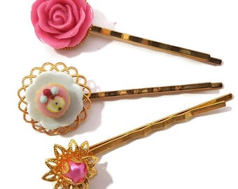 Cupcake Hair Pins-Set of 3-Pink Bobby Pin-Dessert Hair Pins-Sweet Bobby Pins-Pearl Bobby Pins-Wedding Hair Slides-Gold Clips-Bridesmaid Gift