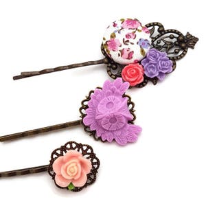 Owl Vintage Floral Hair Pin Set Handmade Antique Bronze Bobby Pins with Resin Roses Fabric Button