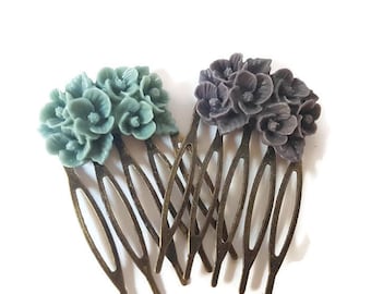 Dark Purple Gray Antique Brass Flower Hair Combs -Set of Two-Victorian Wedding-Shabby Chic-Bridesmaid Gifts-Mothers Day Gifts-Haarkamm-Hair