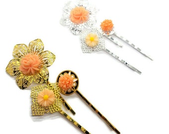 Peach Hair Pins- Flower Bobby Pins-Set of 3-Bridesmaid Gift-Hair Clip-Floral Accessory-Flower Jewelry-Hair Comb-Floral Hair Pins