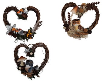 Small Owl Heart Wreath  Woodland Decor Cottage Core Pine Cone Mushroom Autumn Neutral Cute Home Gifts Christmas Fall Bird Decoration Cute