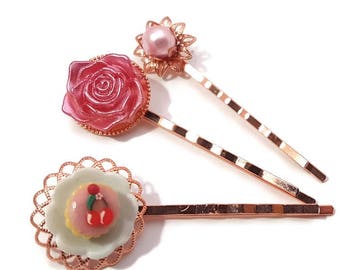 Cupcake Hair Pins-Pink Bobby Pins-Dessert Hair Pins-Sweet Bobby Pins-Pearl Bobby Pins-Wedding Hair Slides-Rose Gold Clips-Bridesmaid Gift