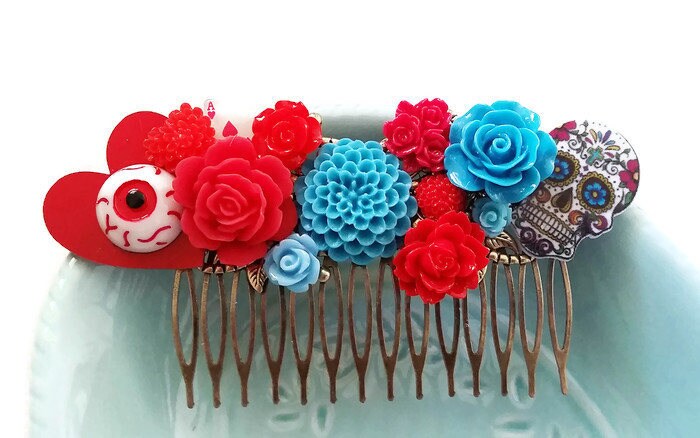 Red Blue Sugar Skull Cluster Hair Comb Day Of The Dead Eyeball