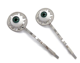 Green Eye Hair Pins Envy Bobby pins Set of 2 Goth Gothic Halloween Jewelry Teen Goth Girl Pretty Hair Slides Silver Hair Comb Macabre Clip