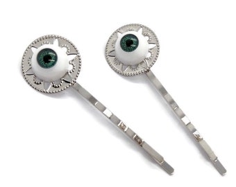 Green Eye Hair Pins Envy Bobby pins Set of 2 Goth Gothic Halloween Jewelry Teen Goth Girl Pretty Hair Slides Silver Hair Comb Macabre Clip