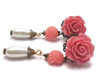 Pink Rose Earrings-Dangle Studs-Seashell Earrings-Drop Earrings-Dangle Earrings-Gifts for Her-Fashion Accessory-Mermaid Earrings-Cute