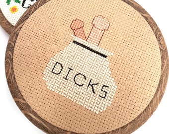 Bag of Dicks-Adult Cross Stitch-Hoop Art -Ready to Hang-Gag Gift-Penis Art-Suck a bag of dicks-Mature-subversive cross stitch-needle