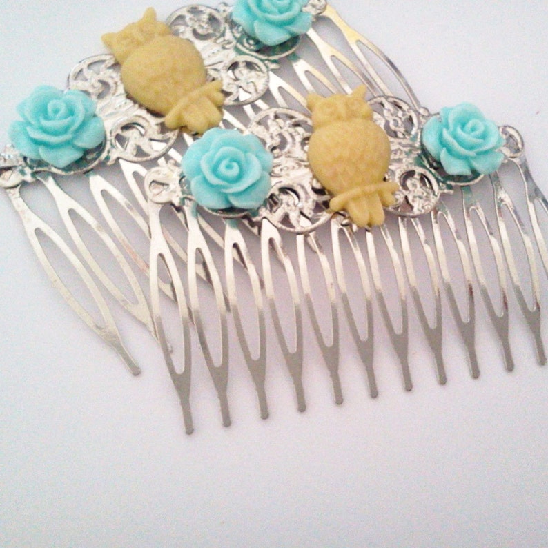 Blue Yellow Owl Hair Combs Woodland-Regency-Shabby Chic Style-Trendy-Wedding Combs-Floral Combs-Stocking Stuffer-Teen Girls-Bird Accessory image 5