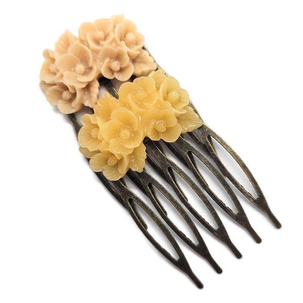 Beige Blush Antique Brass Flower Hair Combs  Wedding Victorian Shabby Chic Regency Simple Chic Tribal Austen
