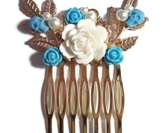 Blue Hair Comb-Skull Comb-Wedding Comb-Bridal Comb-Bridesmaid Comb-Something Blue-Pearl Hair Clip-Golden Comb-Gothic Hair Comb-Goth Wedding