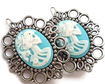 Skull Lady Hair Clips-Blue Skeletina Cameo-Gothic Lolita-Halloween Wedding-Bubble Goth-Pastel Goth-Spooky Chic-Fashion Accessory-Teen Gift