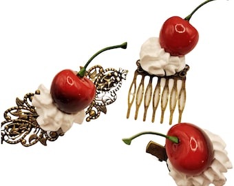 Whipped Cream Hair Accessory Meringue Bobby Pins Cherry Hair Combs Rockabilly Style Cute Kawaii Sweet Dessert Jewelry Glamasaurus Handmade