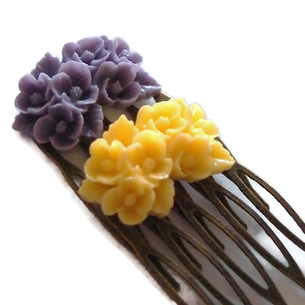 Yellow Purple Antique Brass Flower Hair Combs  - Wedding Victorian Shabby Chic Regency Simple Chic Tribal Austen
