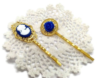 Cameo Hair Pins Set of 2 Lady Bobby Pins Wedding Hair Something Blue Veil Bridesmaid Gift Bridal Clip Mother of the Bride Shower Offbeat