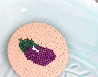 Eggplant Cross Stitched Pin-Pinback Badge  Handmade Fiber Arts Emoji Joke-Aubergine-Flair-Pingame Strong-Gag Gift-Stocking Stuffer-Penis