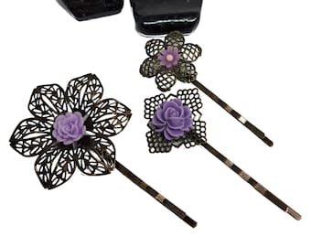 Purple Hair Pins Flower Bobby Pins Set of 3 Bridesmaid Gift Hair Clip Floral Accessory Flower Jewelry Hair Comb Floral Hair Pins Regency