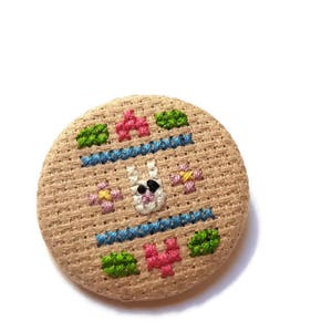 Pin Badge Bunny Sampler Handmade Cross Stitch Fiber Art Gift for Teens Pet Lover Gift Easter Spring Rabbit Accessory Cute Kawaii Fun Style