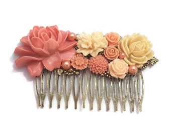 Peach Rose Comb-Wedding Fascinator-Fashion Hair Comb-Floral Accessory-Bridesmaid Hair-Wedding Accessory-Flower Hair Comb-Wedding Bobby Pins