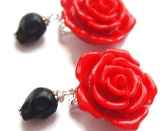 Day of the Dead Rockabilly Rose Clip on Earrings--Skull Earrings-Red Rose-Fashion Jewelry-Gothic Earrings-80s Trend-Unpierced Ears-Kid Gift