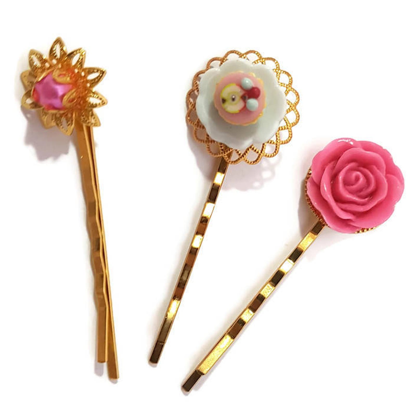 Cupcake Hair Pinsset of 3pink Bobby Pindessert Hair Etsy
