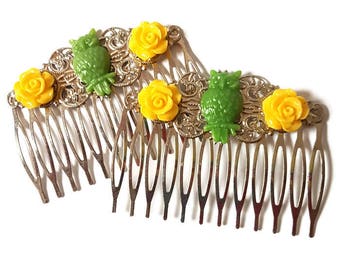 Owl Hair Combs-Bird Hair Combs-Lemon Lime-Green Hair Combs-Owl Bobby Pins-Owl Hair Slides-Owl Hair Clips-Yellow Rose Clips-Set of 2-Bridal