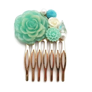 Blue Floral Hair Comb-Antique Hair Comb-Wedding Hair Clips-Bridal Bobby Pins-Bridesmaid Gift-Hair Accessory-Pearl Hair Clip-Golden Comb