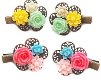 Mini Floral Cluster Hair Clips-Set of Two-Bright Colored Clips-Kid's Gift-Fashion Accessory-Small Accent-Floral Clips-Decora Fashion-Kawaii