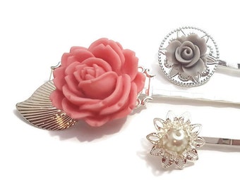 Pink Hair Pins- Flower Bobby Pins-Set of 3-Bridesmaid Gift-Gray Hair Clip-Silver Hair Pin-Grey Hair Comb-Pearl Hair Pins-Floral Bobby Pins