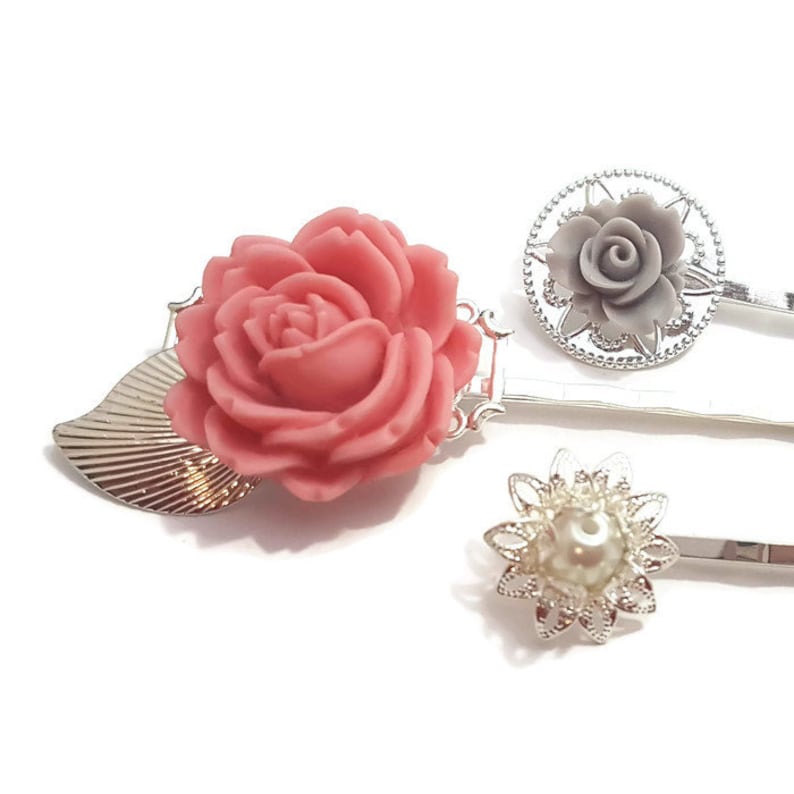 Pink Hair Pins Flower Bobby Pinsset of 3bridesmaid Etsy
