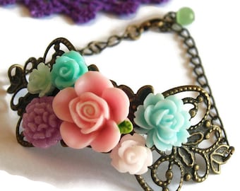 Floral Corsage Bracelet-Antique Brass-Victorian Regency-Aristocratic Fashion-Teen Gift-Mother's Day-Pretty Bracelet-Fashion Accessory-Trend