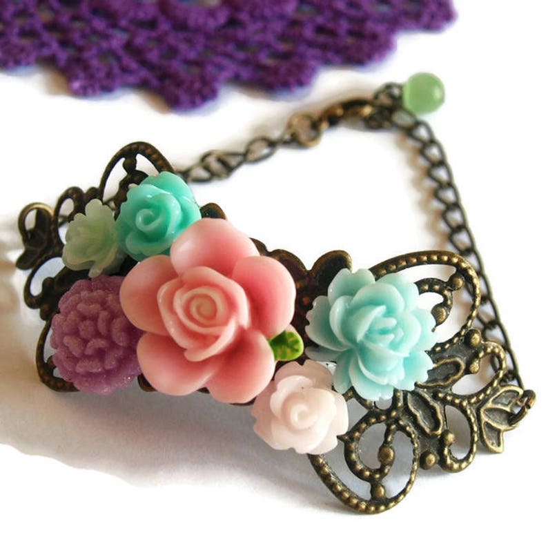 Floral Corsage Bracelet-Antique Brass-Victorian Regency-Aristocratic Fashion-Teen Gift-Mother's Day-Pretty Bracelet-Fashion Accessory-Trend image 1