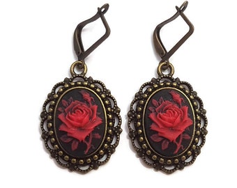 Red Rose Earrings-Lever Back-Cameo Earrings-Fashion Accessory-Mother's Day Jewellery Gift-Antique Bronze-Fashion Jewelry-Flower Earrings