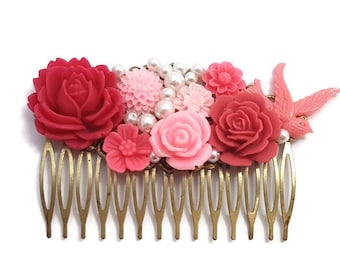 Pink Wedding Hair Comb-Hot Pink-White Rose Flower-Bridal Hair Comb-Country Wedding-Cottage Wedding-Vintage Wedding-Hairpiece-Headpiece Chic