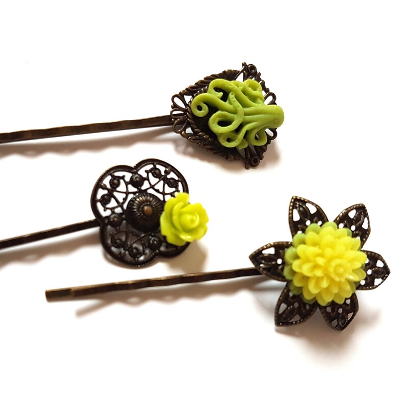 Octopus Bobby Pin Set-Set of 3-Antique Brass-Kraken Hair Pins-Lime Green Hair Slides-Fashion Accessory-Neon Floral-Cephalopod Fans-Teen Gift image 3