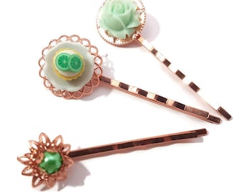 Cupcake Hair Pins-Green Bobby Pins-Dessert Hair Pins-Sweet Bobby Pins-Pearl Bobby Pins-Wedding Hair Slides-Rose Gold Clips-Bridesmaid Gift