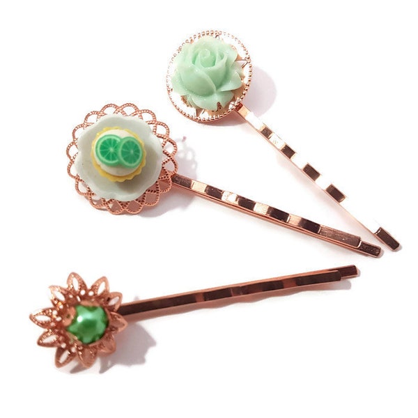 Cupcake cheveux broches-vert Bobby Pins-Dessert cheveux broches-Sweet Bobby Pins-Pearl épingles à cheveux-mariage barrettes-Rose or Clips-demoiselle d’honneur cadeau