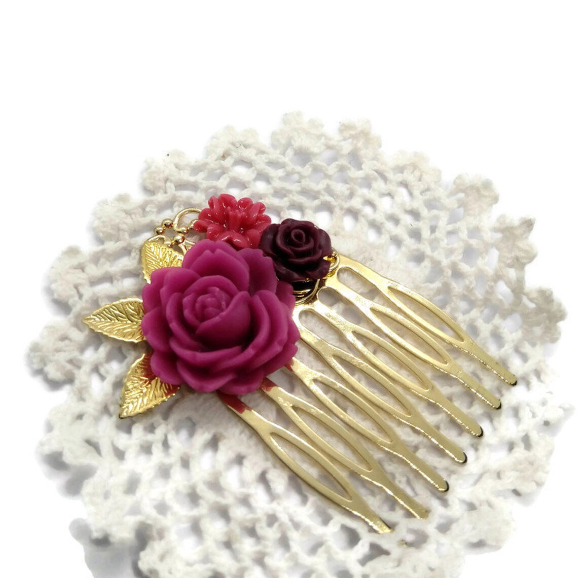 Dark Pink Flower Hair Combfloral Hair Combwedding Hair Etsy