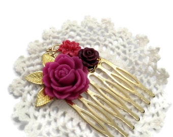 Dark Pink Flower Hair Comb-Floral Hair Comb-Wedding Hair Clips-Bridal Bobby Pins-Bridesmaid Gift-Hair Accessory-Golden Comb-Mothers Day