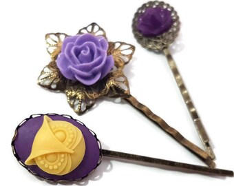Owl Bobby Pins-Purple Hair Pin-Set of 3-Woodland Hair Clips-Woodland Hair Slides-Woodland Bobby Pins-Woodland Hair Comb-Owl Hair Clips-Cute