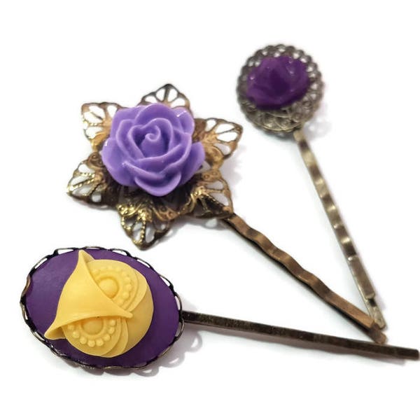 Owl Bobby Pins-Purple Hair Pin-Set of 3-Woodland Hair Clips-Woodland Hair Slides-Woodland Bobby Pins-Woodland Hair Comb-Owl Hair Clips-Cute