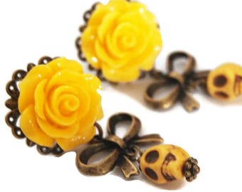 Yellow Day of the Dead Earrings-Skull Stud- Bronze Post-Pastel Goth-Bubble Goth Trend-Chunky Jewelry-Fashion Accessory-Yellow Rose earrings