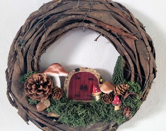 Fairy Door Wreath Gnome Home Woodland Decor Cottage Core Pine Cone Mushroom Autumn Neutral Cute Home Gifts for Fall