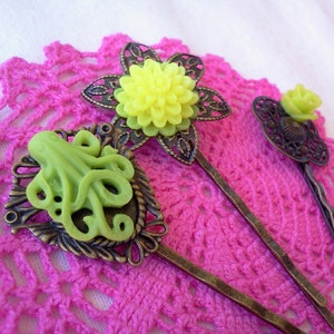 Octopus Bobby Pin Set-Set of 3-Antique Brass-Kraken Hair Pins-Lime Green Hair Slides-Fashion Accessory-Neon Floral-Cephalopod Fans-Teen Gift image 4