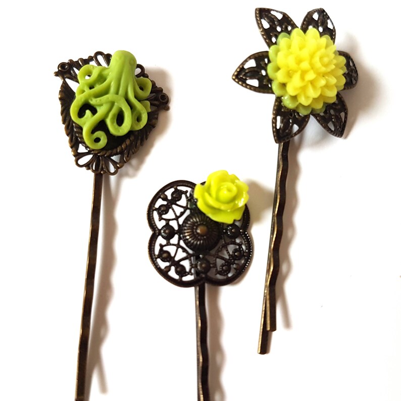 Octopus Bobby Pin Set-Set of 3-Antique Brass-Kraken Hair Pins-Lime Green Hair Slides-Fashion Accessory-Neon Floral-Cephalopod Fans-Teen Gift image 1