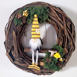 Gnome Wreath Woodland Summer Decor Bees Cottage Core Pine Cone Mushroom Neutral Cute Home Gift
