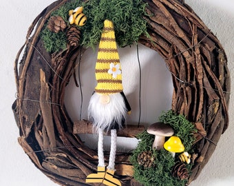 Gnome Wreath Woodland Summer Decor Bees Cottage Core Pine Cone Mushroom Neutral Cute Home Gift