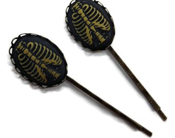 Rib Cage Bobby Pin-Set of 2-Skeleton Cameo-Hair Slides- Goth Pins-Gothic Lolita Hair Pins-Fashion accessory-Cameo Hair Clip-Skull Clip