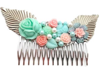 Pastel Wedding Comb-Bridesmaid Comb-Floral Comb-Pearl Comb-Flower Hair Comb-Bobby Pins-Hair Slides-Bridal Hair Clip-Rose Hair Accessory-Bird