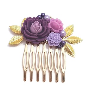 Purple Hair Comb Wedding Comb Bridal Comb Bridesmaid Comb Pearl Hair Clip Golden Comb Floral Hair Comb Flower Hair Comb Floral Accessory