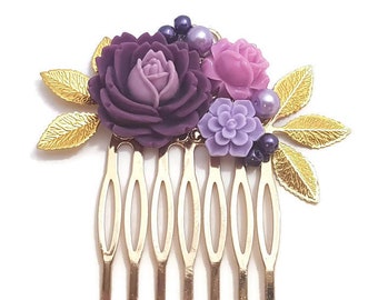 Purple Hair Comb-Wedding Comb-Bridal Comb-Bridesmaid Comb-Pearl Hair Clip-Golden Comb-Floral Hair Comb-Flower Hair Comb-Floral Accessory